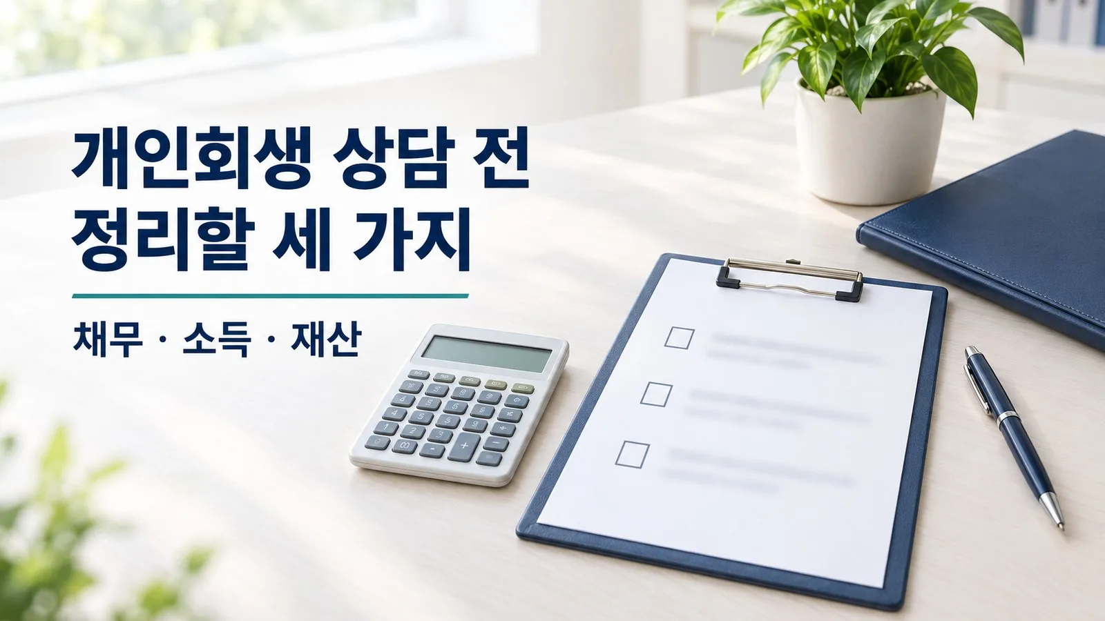 개인회생 상담 준비 - 채무, 소득, 재산 체크리스트가 놓인 클립보드와 계산기